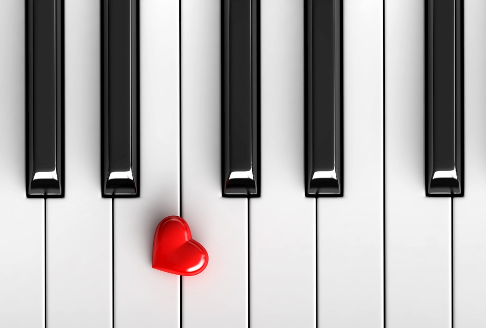 3d render of red heart over piano keys