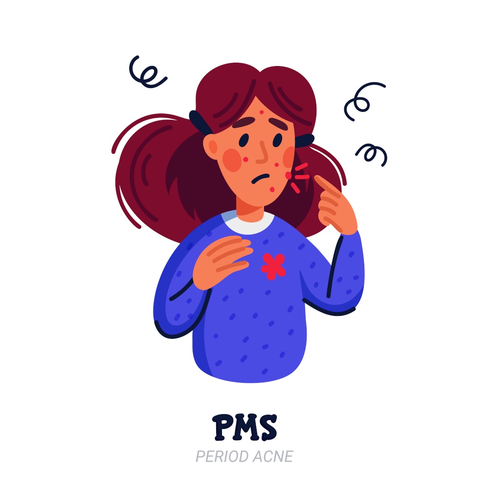 PMS symptoms concept. Woman suffering from premenstrual syndrome such as acne. Flat style vector illustration on white background. PMS symptoms concept. Woman suffering from premenstrual syndrome such as acne. Flat style vector illustration on white background.