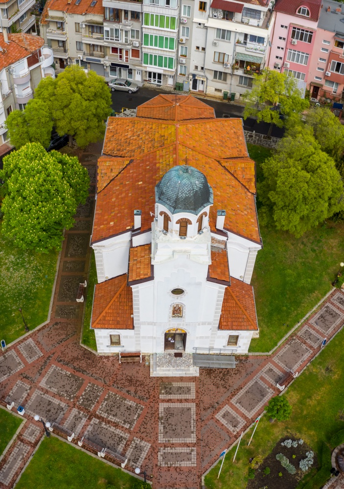 Aerial drone view of church in old town of Pomorie