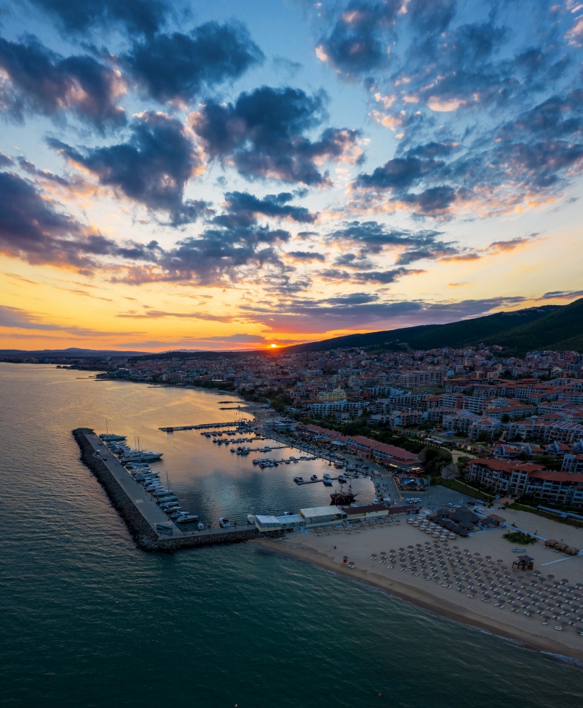 Aerial view to sea resort Sveti Vlas at sunset