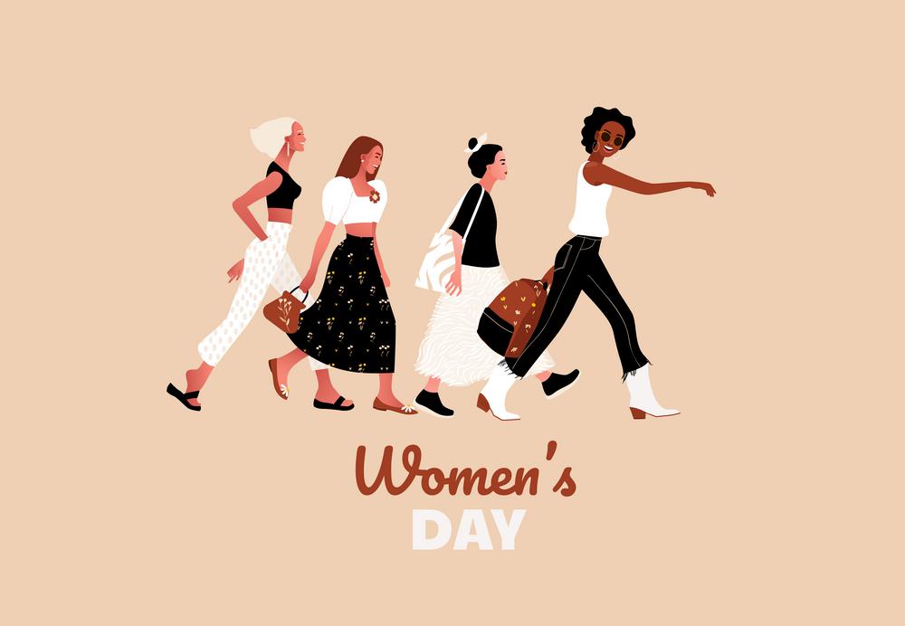 International Women s Day. 8 March. Happy sexy girls walking. Vector template with beautiful women for card, poster or flyer.