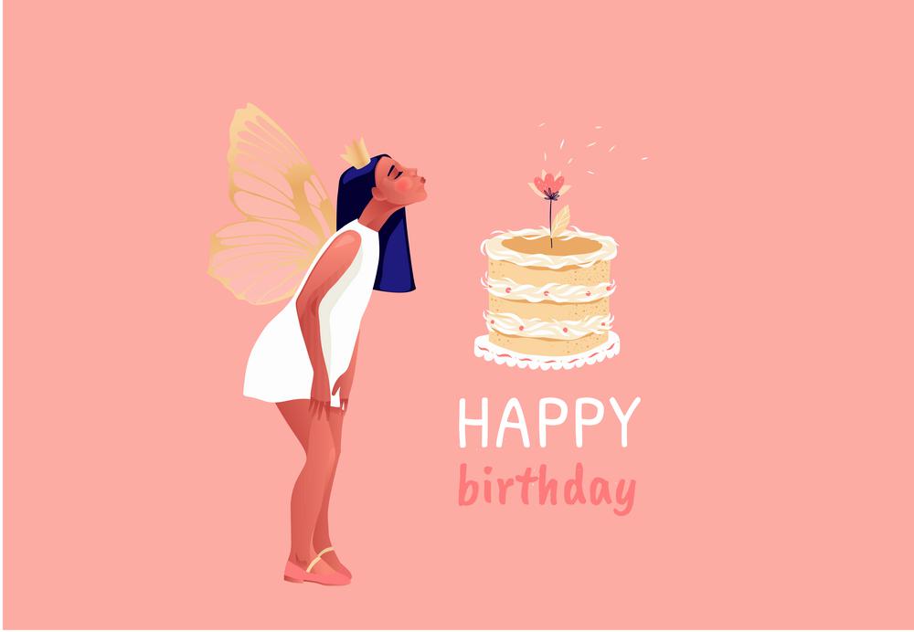 Happy Birthday to you. Cute vector illustration of a girl with birthday cake and flowers. Happy birthday lettering type poster, card, flyer or banner