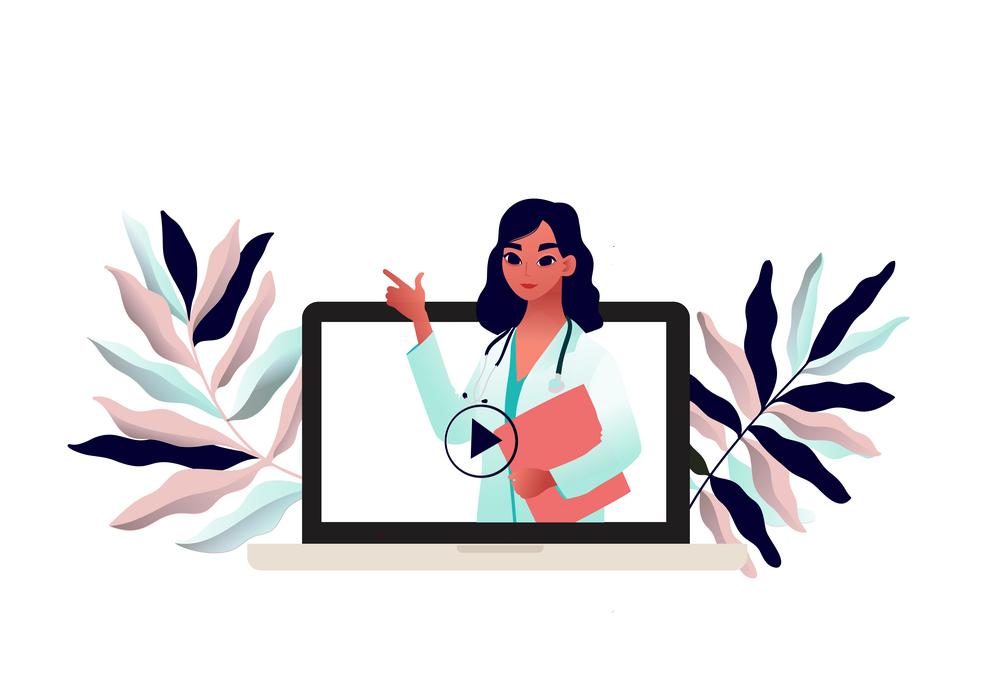 Young beautiful woman doctor on laptop screen. Quarantine type. Covid-19 Prevention recommendation. Vector illustration.