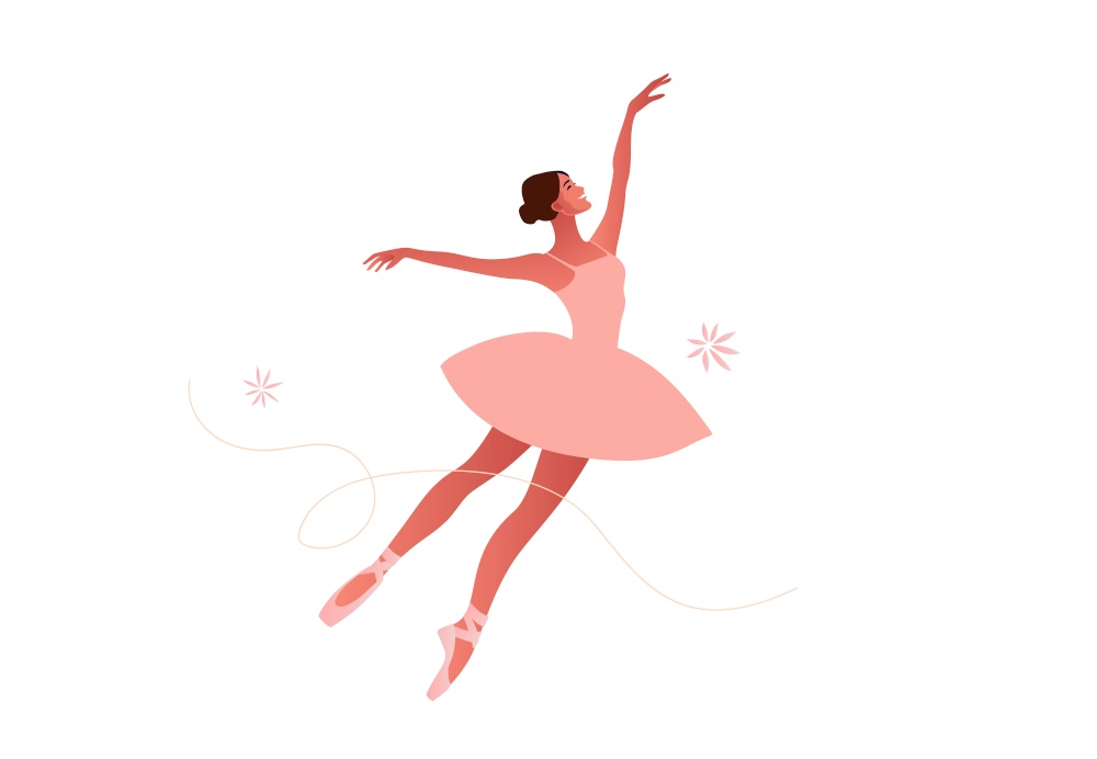 Beautiful ballerina flat vector set illustration. Beauty of classic ballet. Young graceful woman ballet dancer wearing tutu. Pointe shoes, pastel colors.