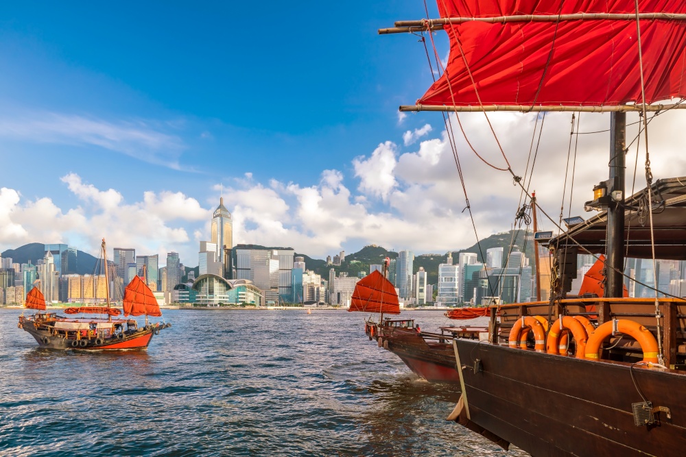 Victoria Harbour  and Hong Kong skyline with vintage ship in China