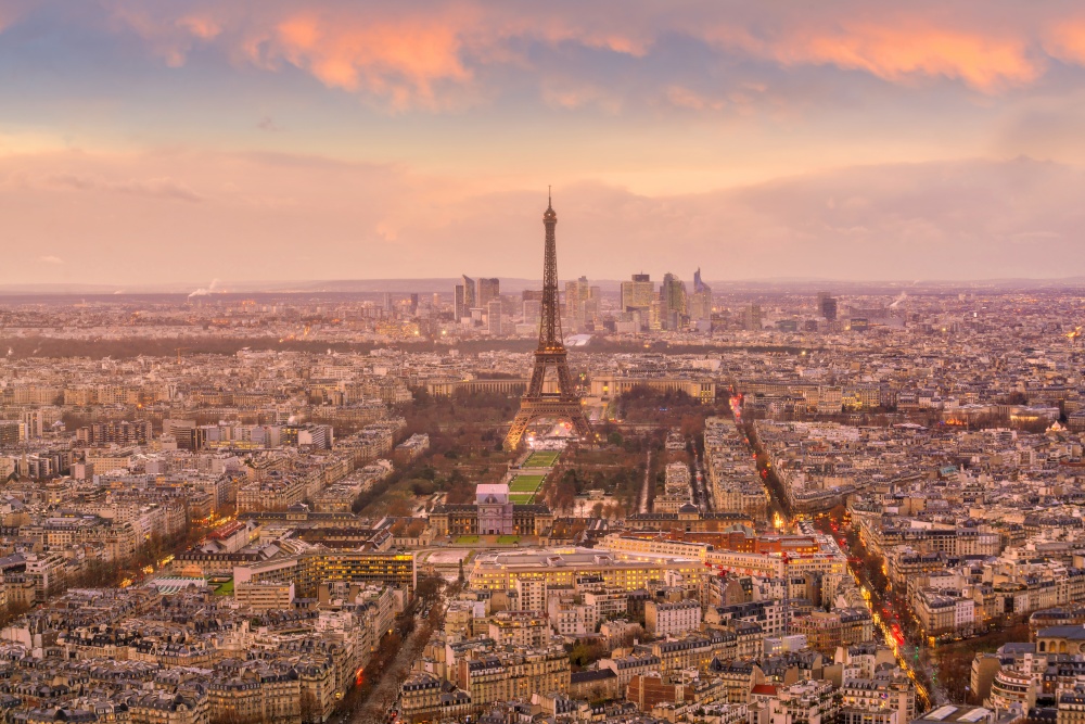 View of Paris skyline with Eiffel Tower in France