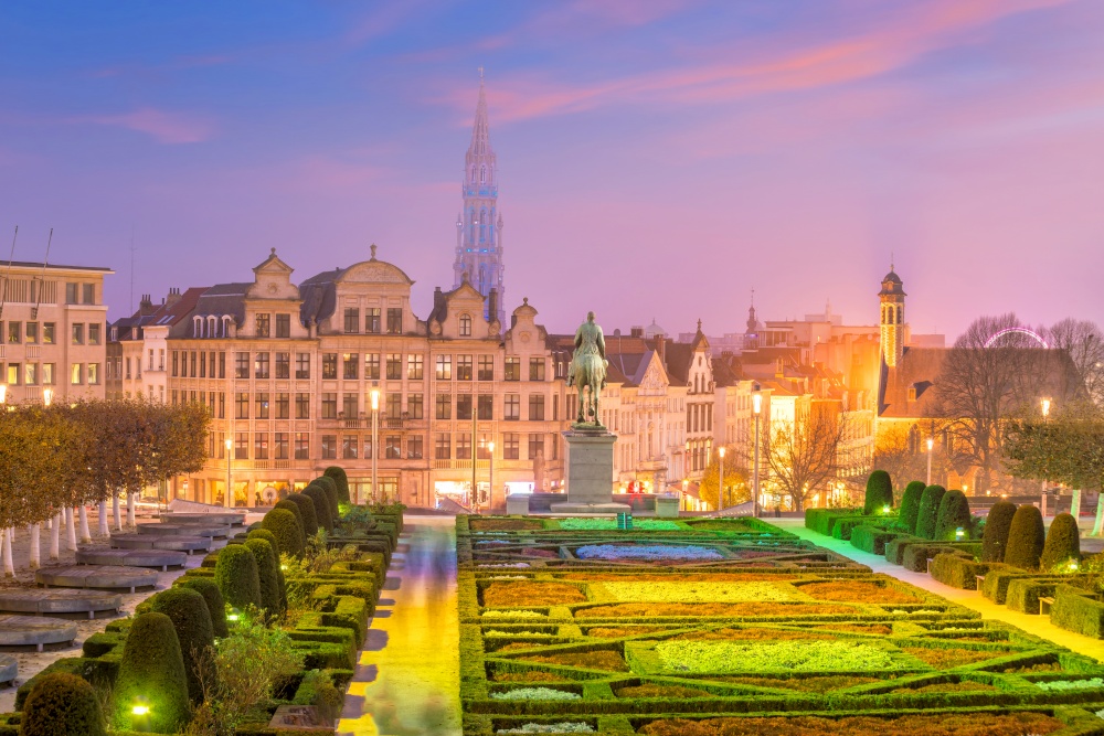 Brussels downtown city skyline at sunset in Belgium