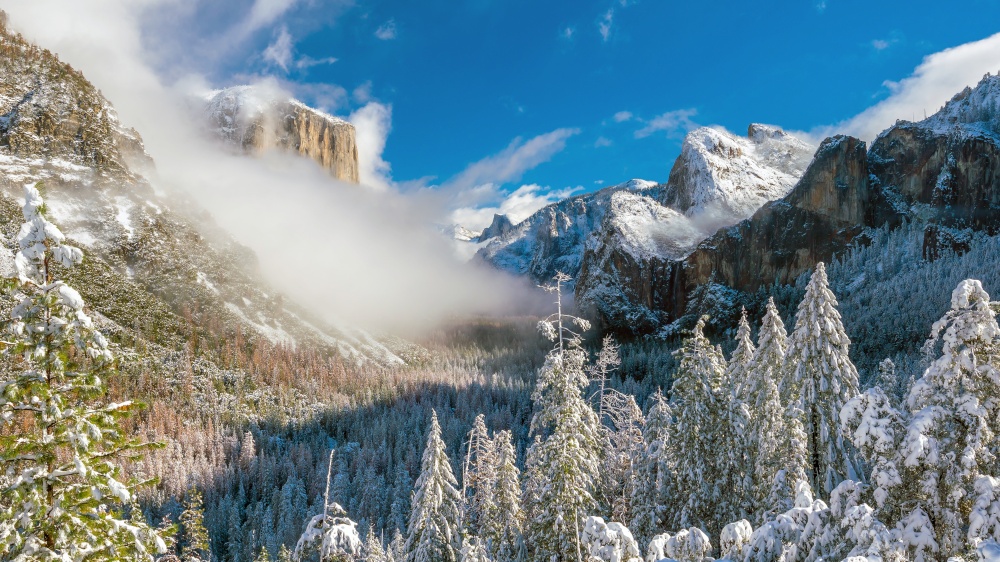 Beautiful view of yosemite national park winter season in California, USA
