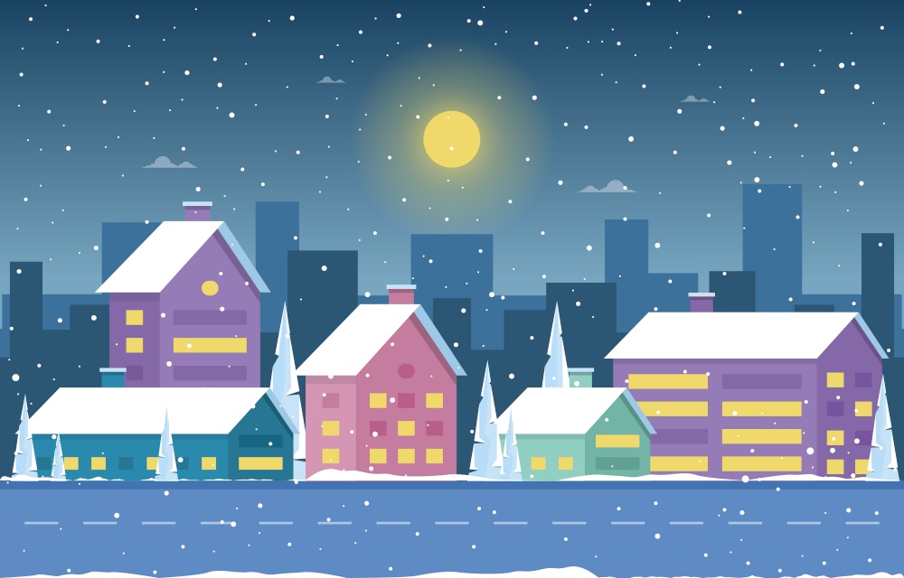 Winter Snow Pine Snowfall City House Landscape Illustration