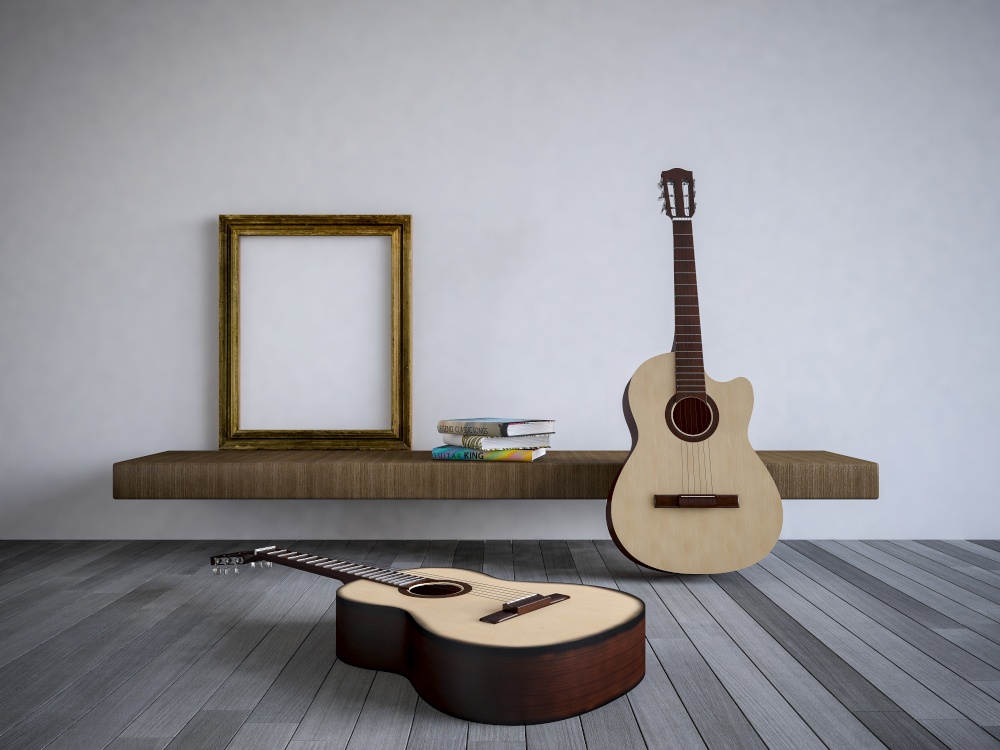 3Ds rendered guitars in the room, Old wood floor,Blank photo frame and book on shelf
