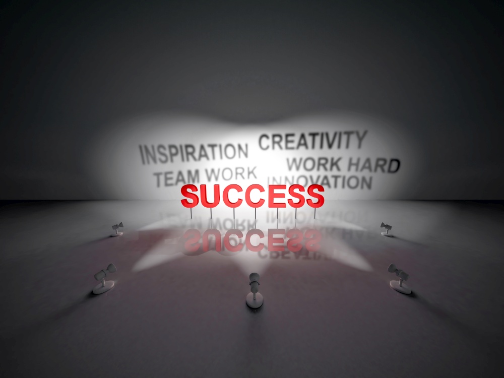 A word "SUCCESS" have shadows as "WORK HARD, CREATIVITY, TEAMWORK, INNOVATION, INSPIRATION"Selective color red.