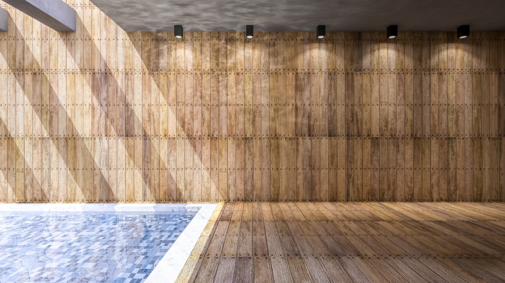 Illustration 3ds rendered, Room interior with wooden wall and floor which have reflection from water in the pool on ceiling