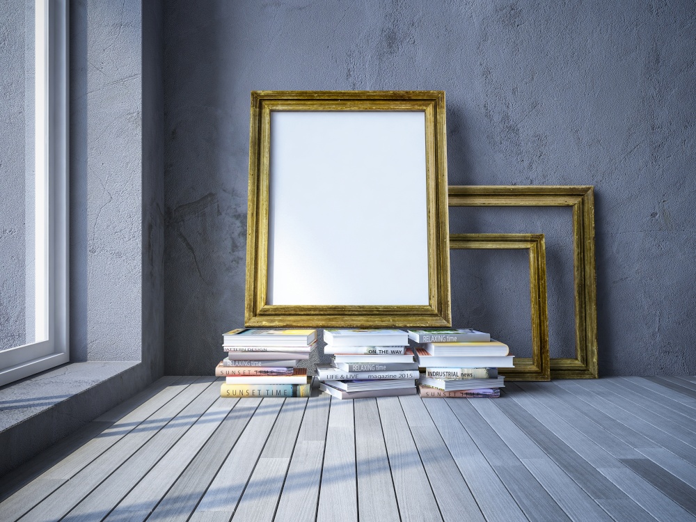 3ds rendered image of old wooden photo frame and books, cracked concrete as background, old wooden  floor