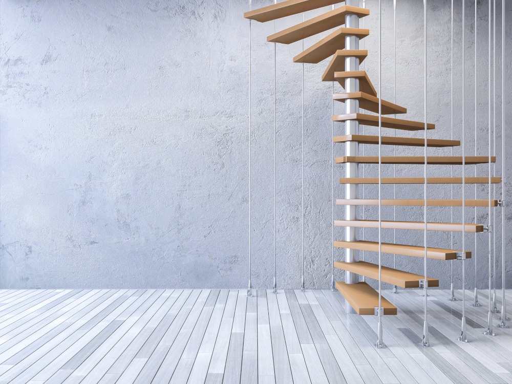 3ds rendered image of wooden spiral staircase hanged from ceiling by stainless cables, cracked concrete wall and old wooden floor
