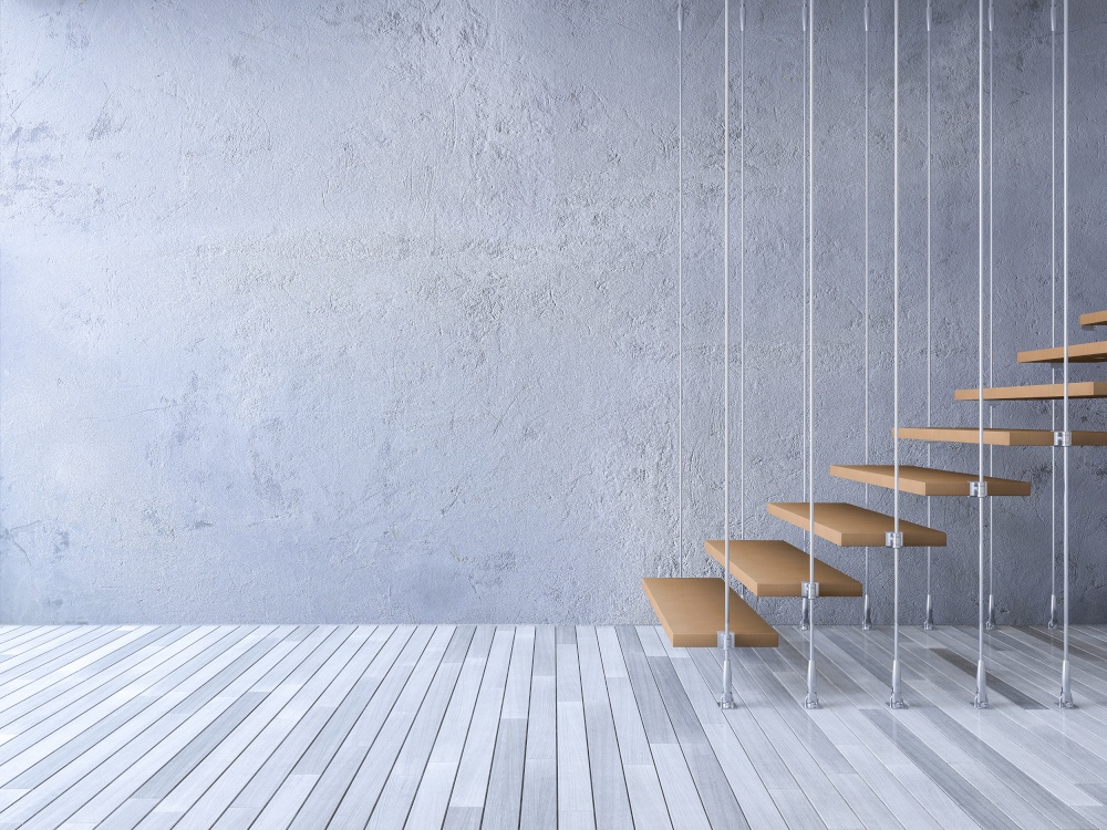 3ds rendered image of wooden staircase hanged from ceiling by stainless cables, cracked concrete wall and old wooden floor