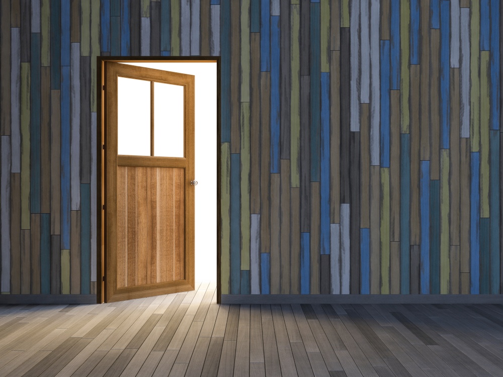 3Ds rendered image of wooden door and old colorful wooden wall and wooden floor