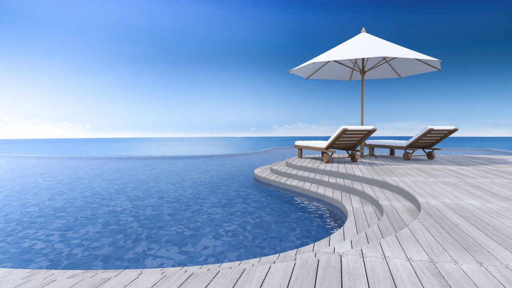 3D rendering image of daybed and umbrella on curve wooden terrace, step floor, sea view, infinity swimming pool