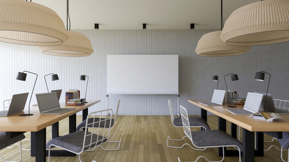 3d rendering image of working room which have a blank white board for fill your words