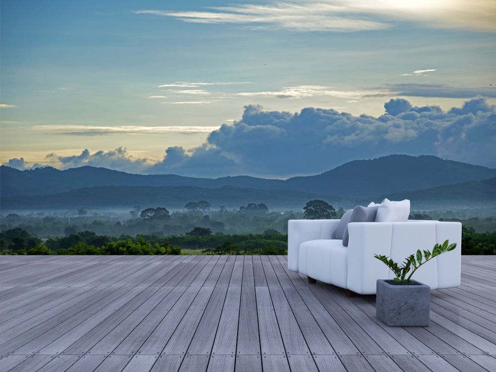 3d sofa on sundeck which have mountain view as background