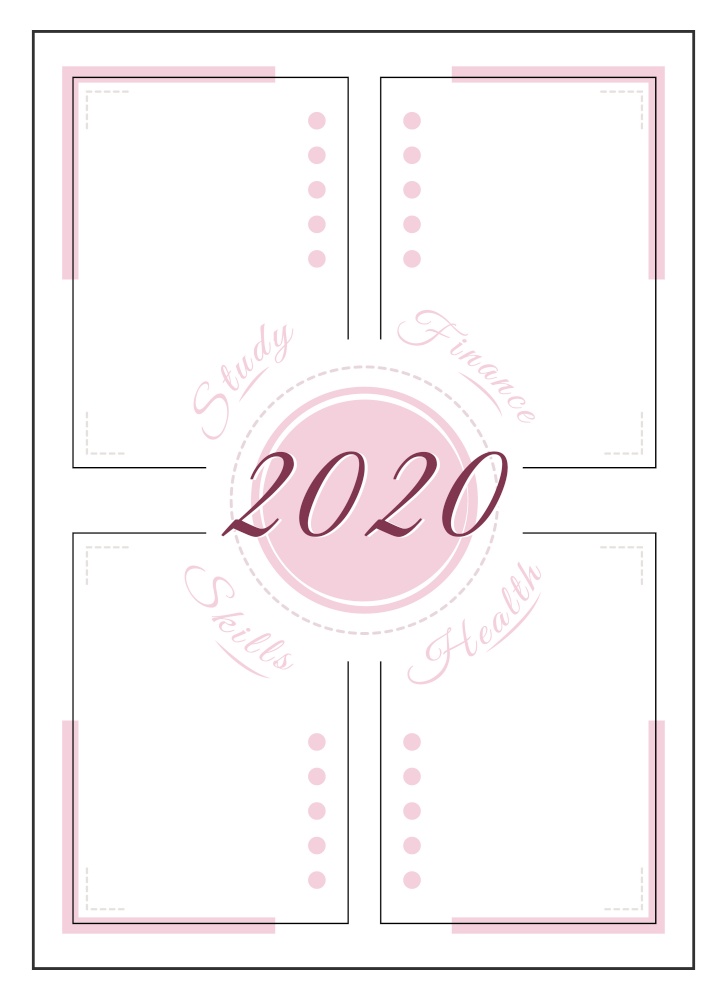 2020 resolution minimalist planner page design. Yearly plan with list for notes and tasks. Lifestyle categories bullet journal printable sheet. Personal organizer. Notebook vector template. 2020 resolution minimalist planner page design