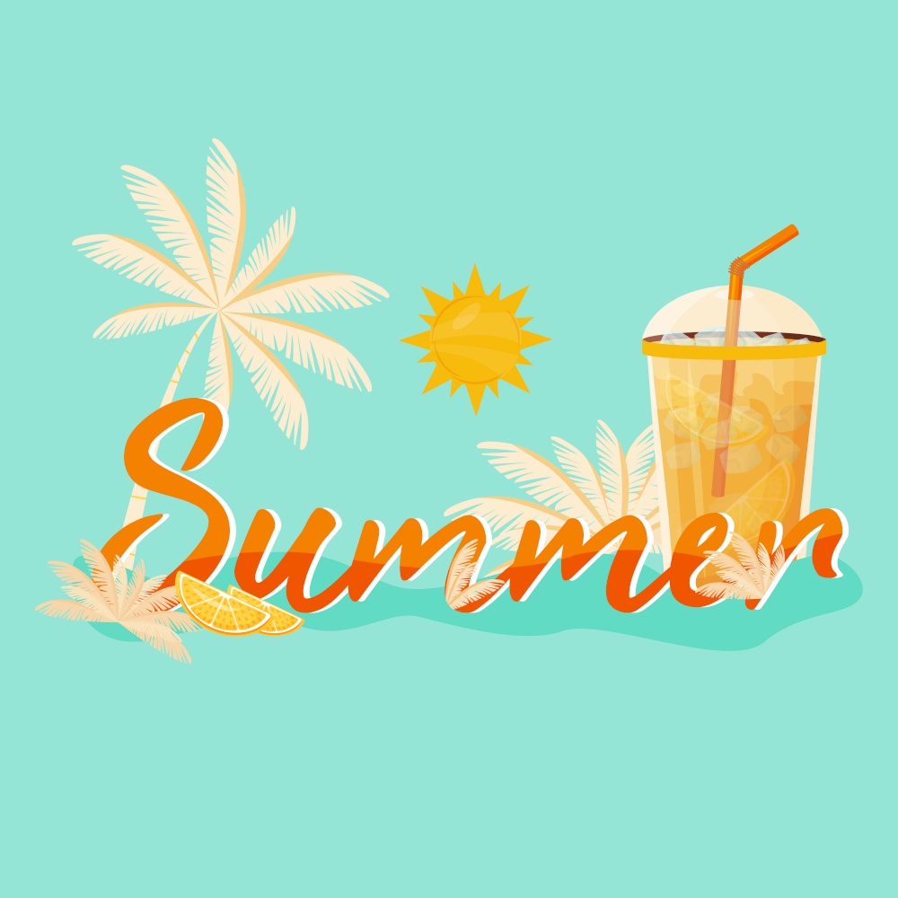 Summer banner flat vector template. Palms and lemonade. Beach weather horizontal poster word concepts design. Hot season cartoon illustrations with typography. Summer word on turquoise background