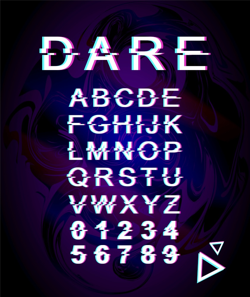 Dare glitch font template. Retro futuristic style vector alphabet set on violet holographic background. Capital letters, numbers and symbols. Challenge typeface design with distortion effect