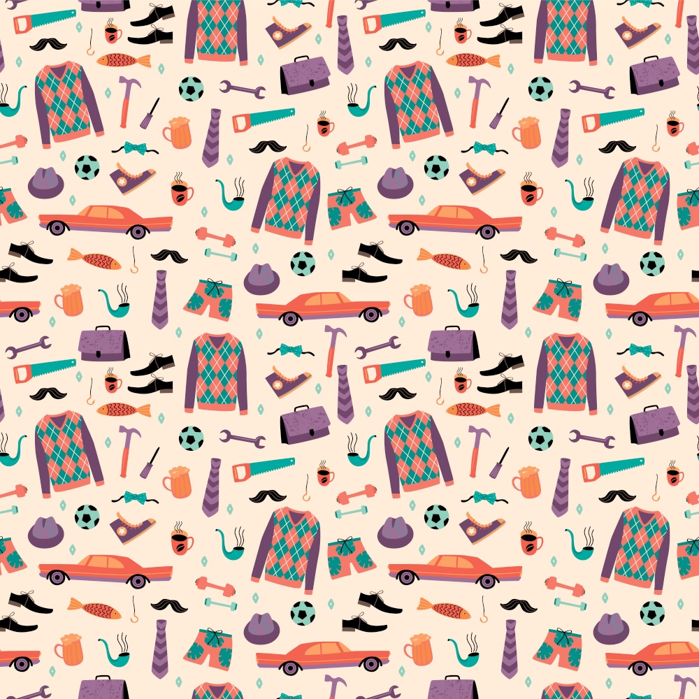 Vector seamless pattern with mans things. Happy Fathers Day concept. Design template.. Vector seamless pattern with mans things. Happy Fathers Day concept.