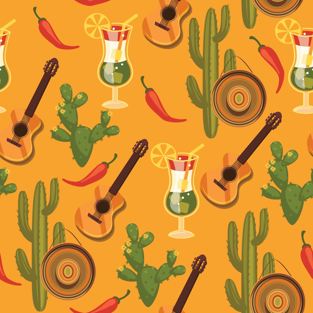 Vector seamless pattern with traditional Mexican symbols. Cinco de Mayo. . Vector seamless pattern with traditional Mexican symbols.