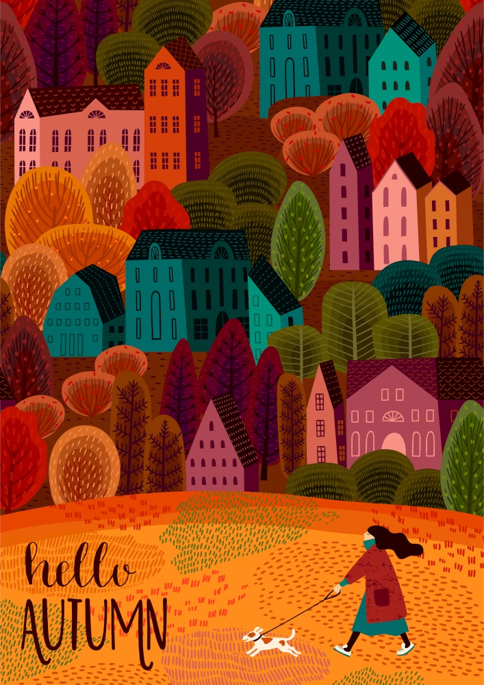 Illustration with autumn city. Vector template for card, poster, flyer, cover and other use. Trendy retro style. Illustration with autumn city. Vector template for card, poster, flyer, cove