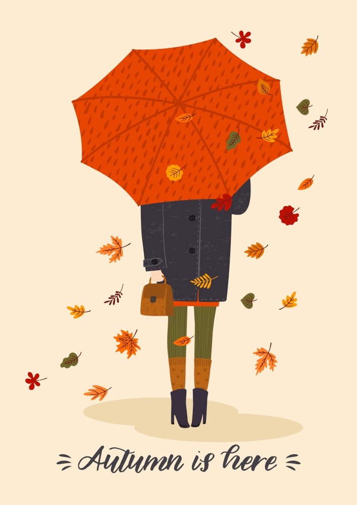 Autumn illustration with cute woman under umbrella. Vector design for card, poster, flyer, web and other users.. Autumn illustration with cute woman under umbrella. Vector design