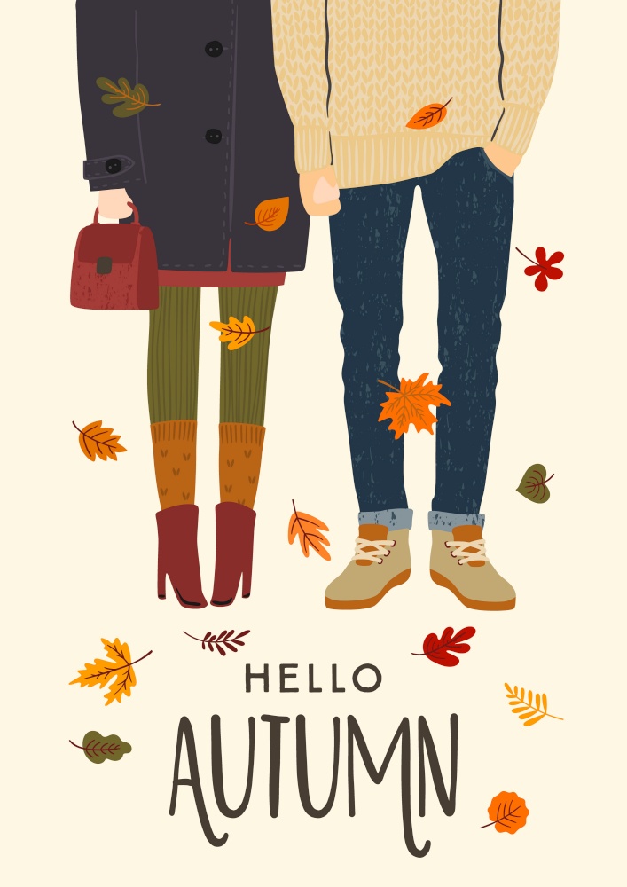 Autumn illustration with romantic couple. Vector design for card, poster, flyer, web and other users.. Autumn illustration with romantic couple. Vector design