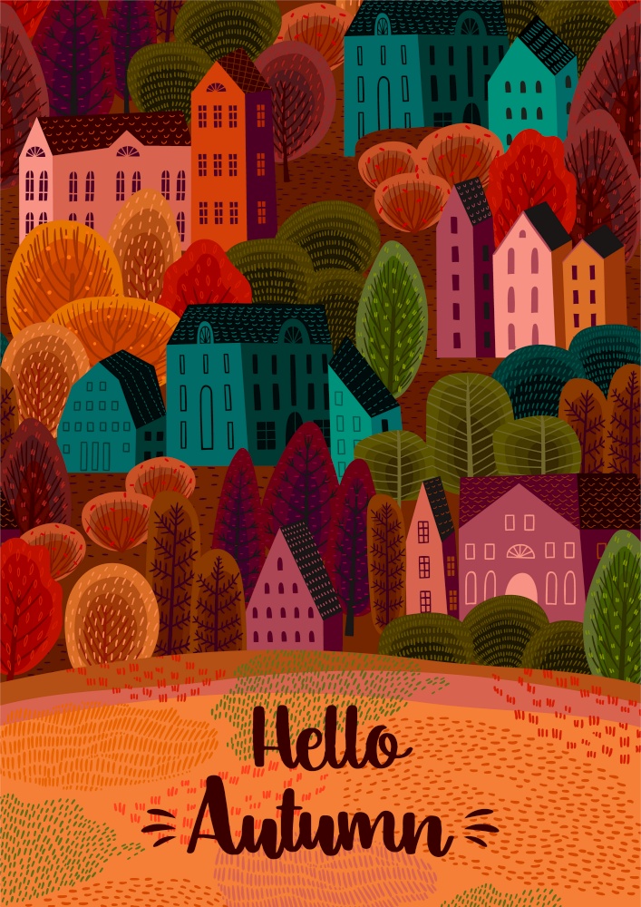 Autumn design with autumn city. Vector template for card, poster, flyer, cover and other use. Trendy retro style. Autumn design with autumn city. Vector template for card, poster, flyer, cover and other use.