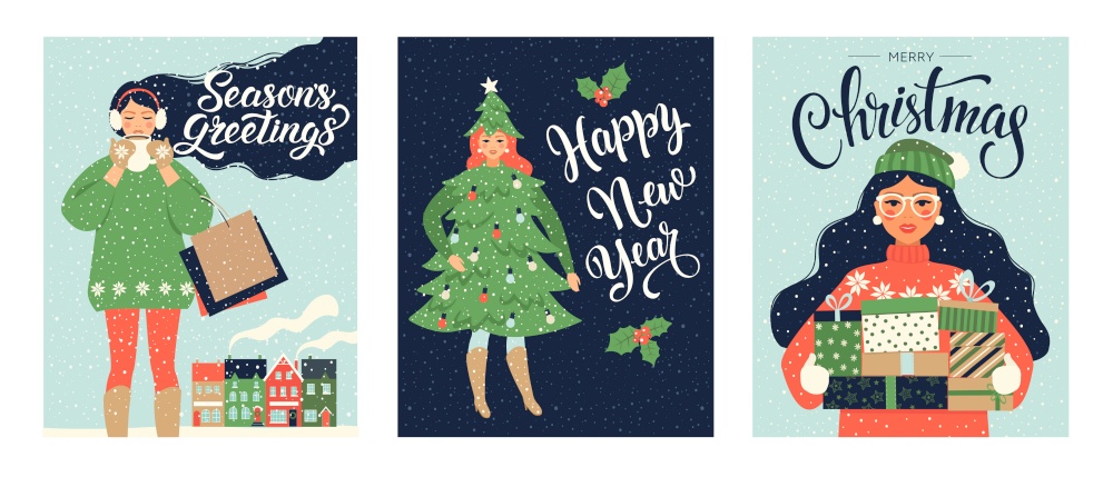 Set Christmas card and Happy New Year templates. Trendy retro style. Vector design template. Set Christmas card and Happy New Year templates. Trendy retro style. Vector design template.
