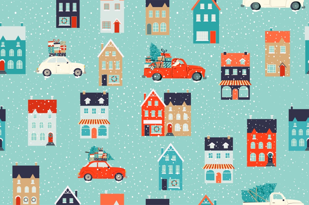 Winter houses for Christmas and Red retro car with a fir tree and gifts. Christmas fabrics and decor. Seamless pattern. Winter houses for Christmas and Red retro car with a fir tree and gifts. Christmas fabrics and decor. Seamless pattern.