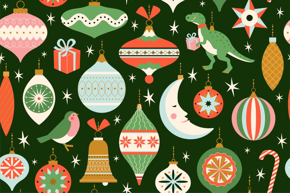 Merry Christmas and New Year card with various of Christmas toys and present in in retro mid century modern style. Winter holidays seamless pattern vector.. Merry Christmas and New Year card with various of Christmas toys and present in in retro mid century modern style. Winter holidays seamless pattern in vector.