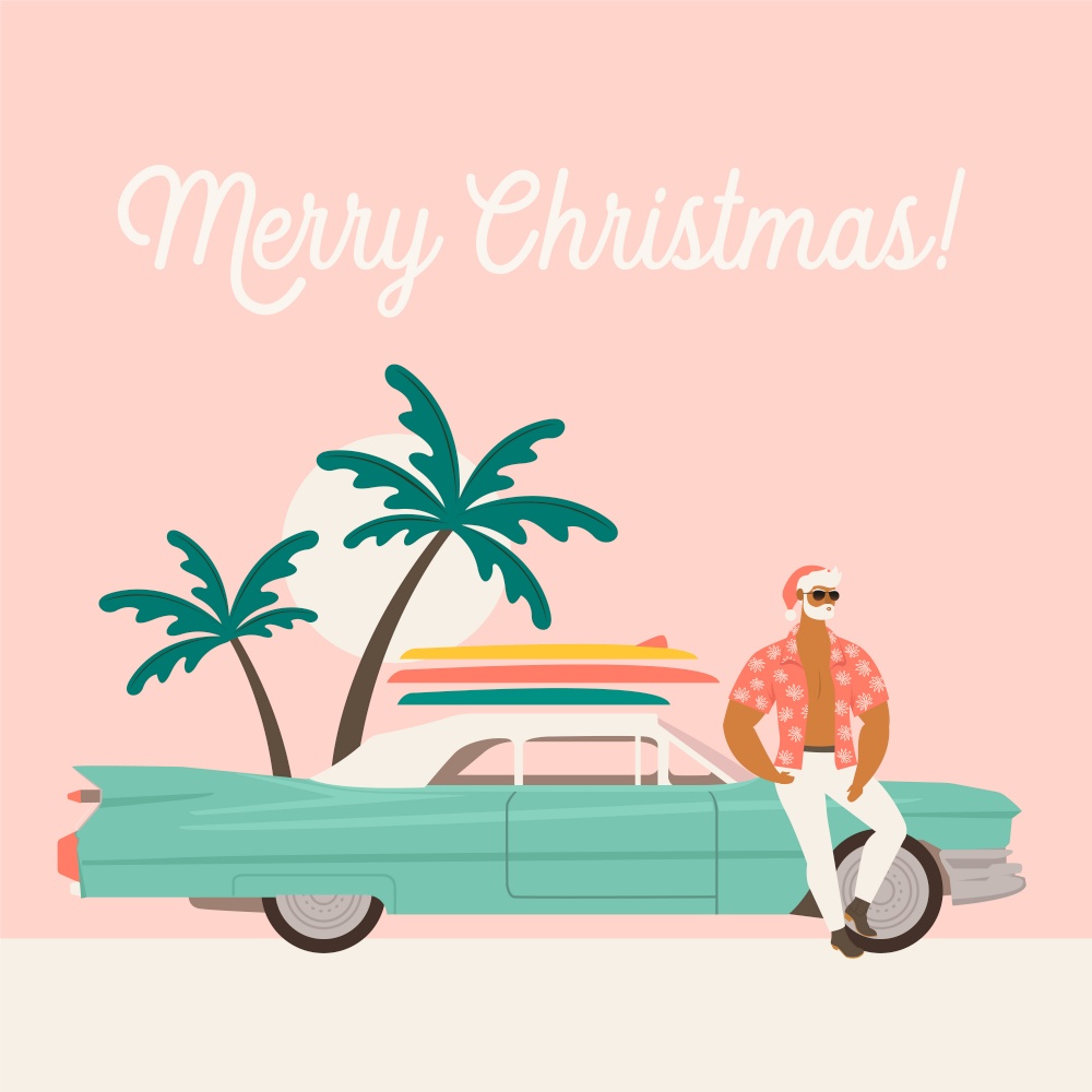 Summer holiday vacation with santa claus and car. Flat vector illustration. Summer holiday vacation with santa claus and car. Flat vector illustration.