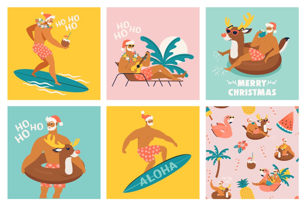 Christmas seamless set of card and pattern with cute funny Santa Claus animals with reindeer and flamingo inflatable ring Tropical Christmas. Vector illustration.. Christmas seamless set of card and pattern with cute funny Santa Claus animals with reindeer and flamingo inflatable ring. Tropical Christmas. Vector illustration.