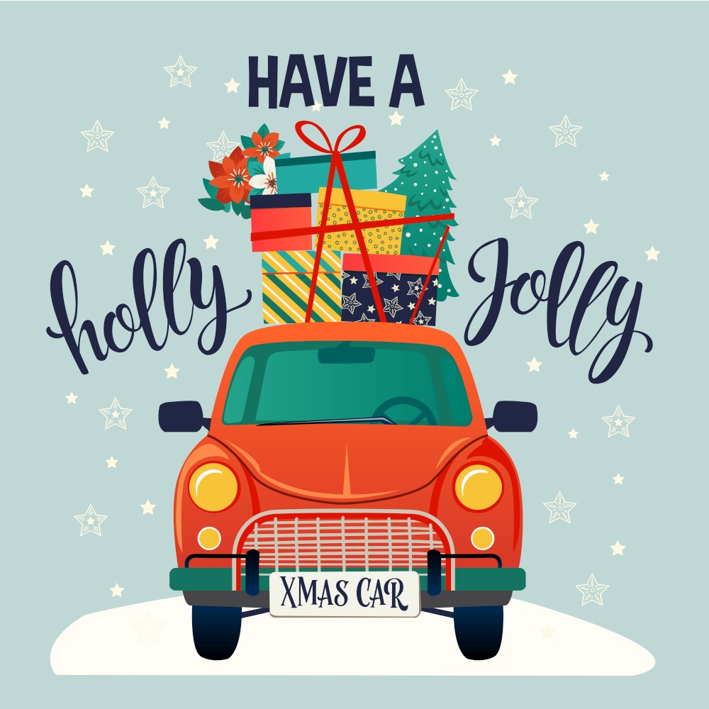 Merry christmas stylized typography. Vintage red car with christmas tree and gift boxes Vector flat style illustration.. Merry christmas stylized typography. Vintage red car with christmas tree and gift boxes. Vector flat style illustration.