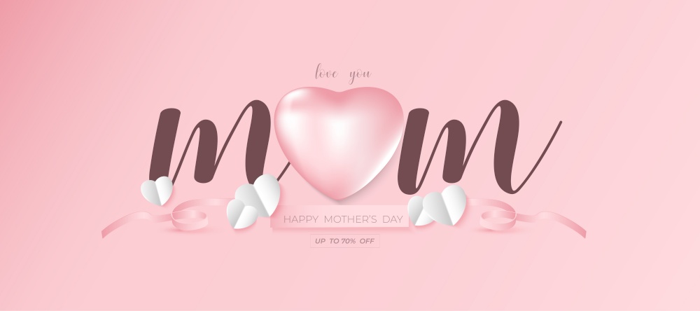 Mother's day Tag banner Paper heart on Pink Sweet  wallpaper background use for promotion on love celebration