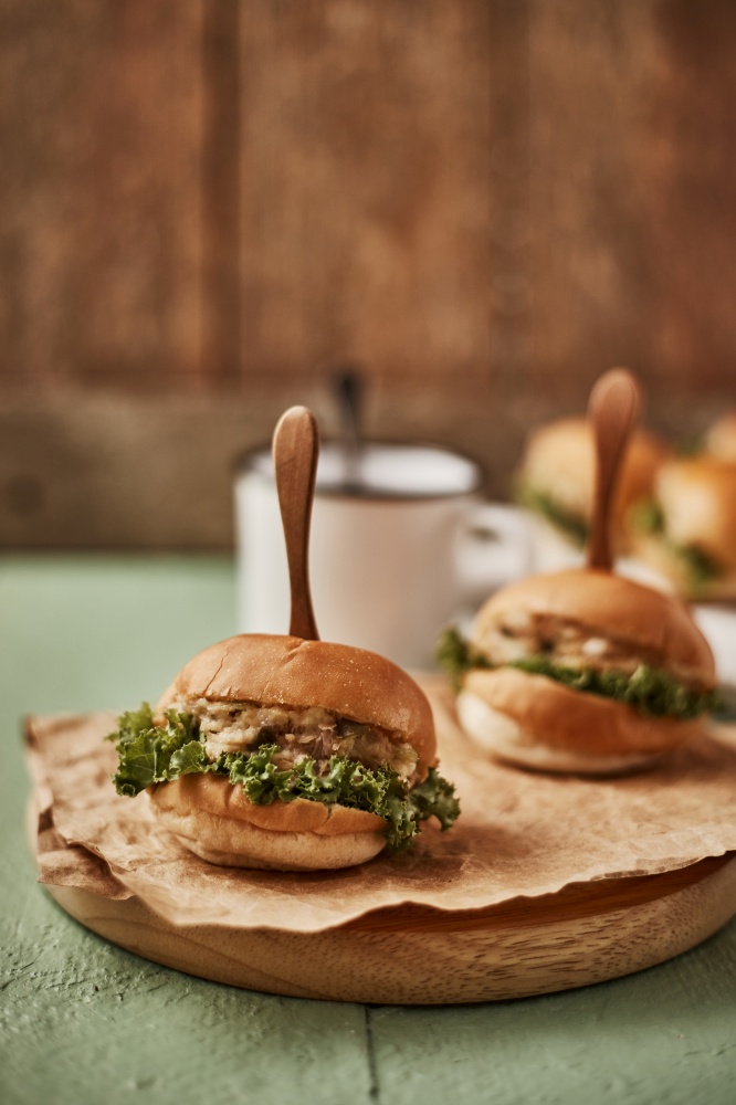 Tuna mini burger on table .Food Concept.. Tuna mini burger on table .