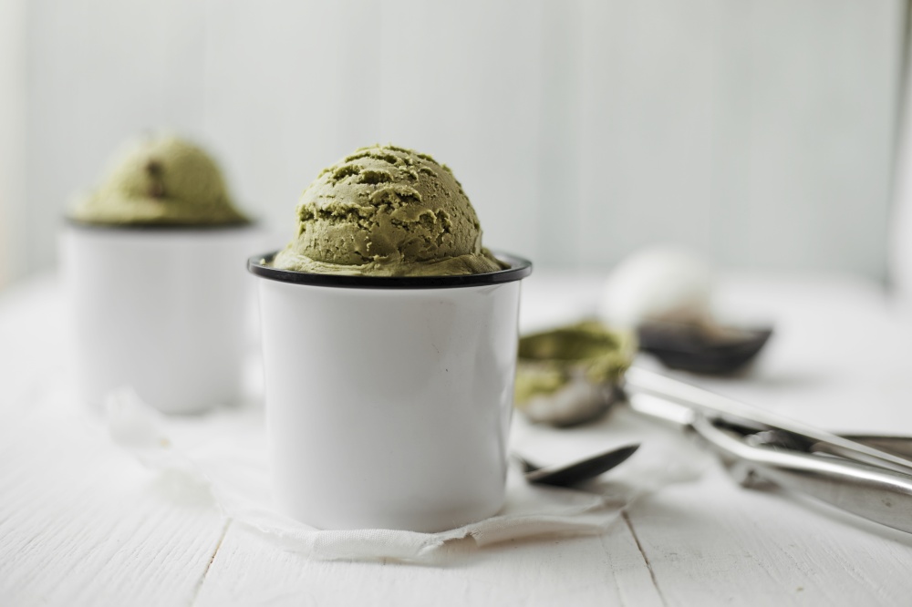 Green tea ice cream on white background.. Green tea ice cream.