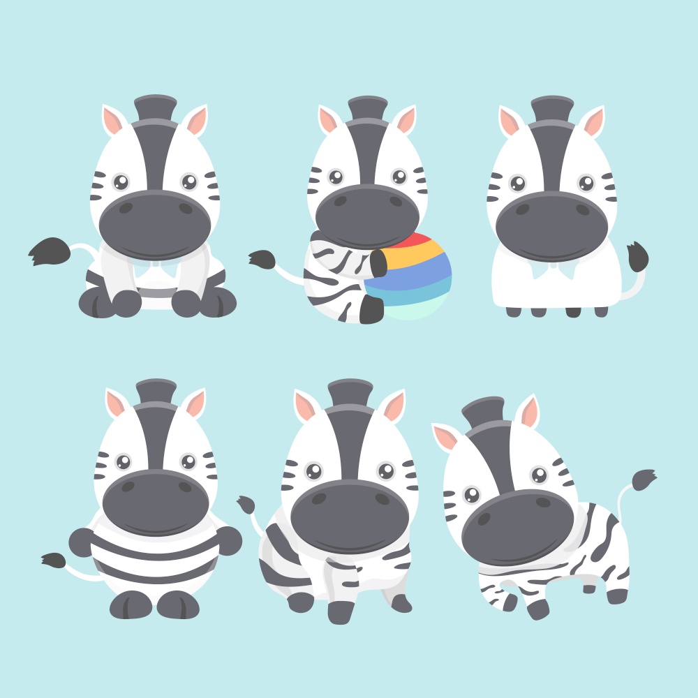 Vector set cute zebra in cartoon style.