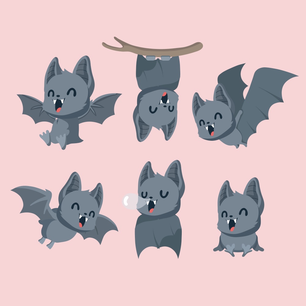 Set of cute bats on pastel background.. Set of cute bats