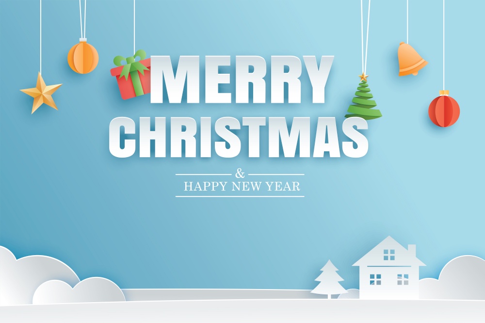 Merry christmas and happy new year greeting card banner in paper art style. Use for header website, cover, flyer.