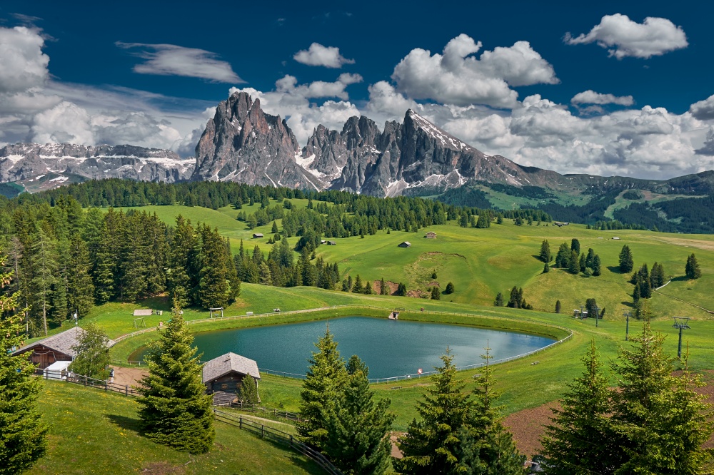 The landscape around Alpe di Siusi/Seiser Alm, the largest high-altitude Alpine meadow in Europe. Located in the Dolomites mountain range, South Tyrol, Italy
