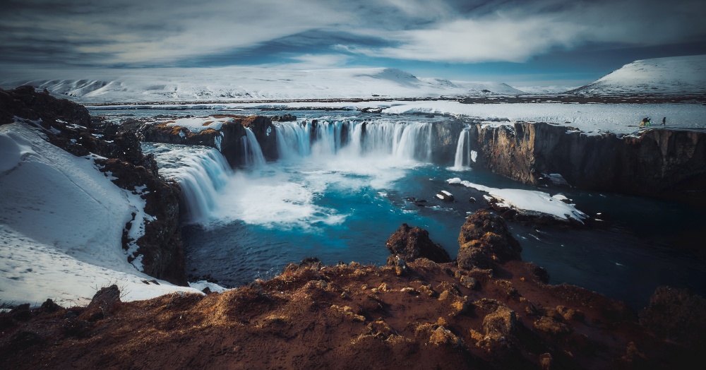 The landscape of Godafoss waterfall in the late winter on the sunny day, Iceland