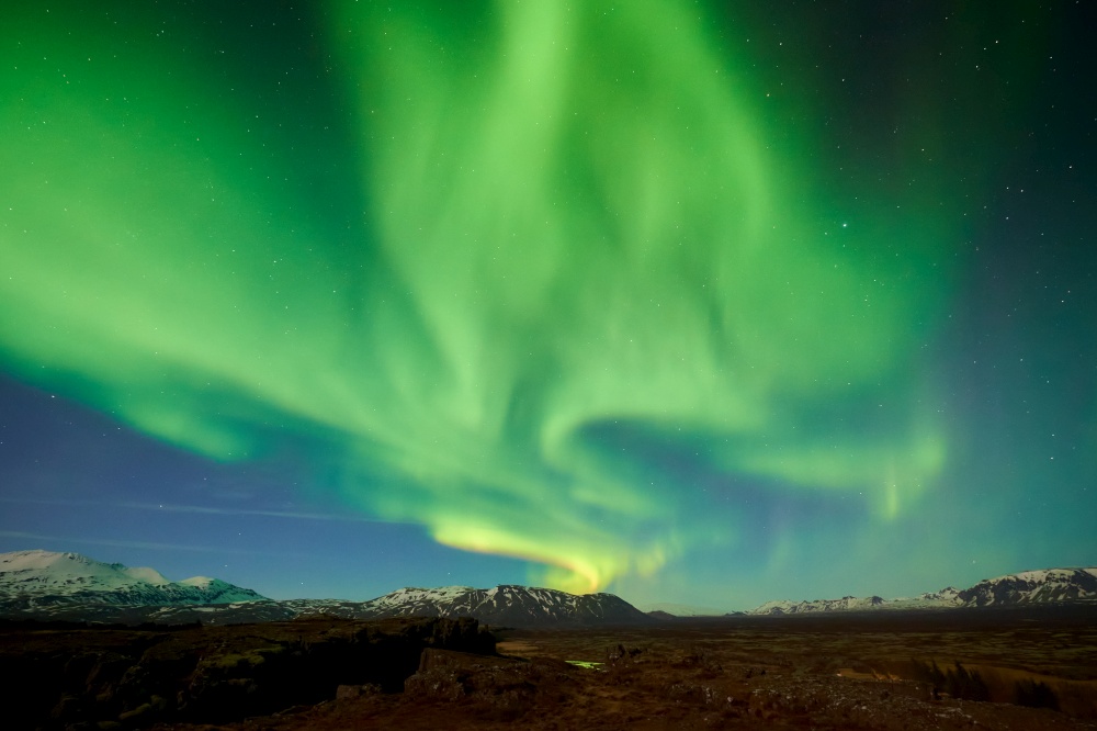 The Northern Light (Aurora) over the Thingvellir National Park, Iceland