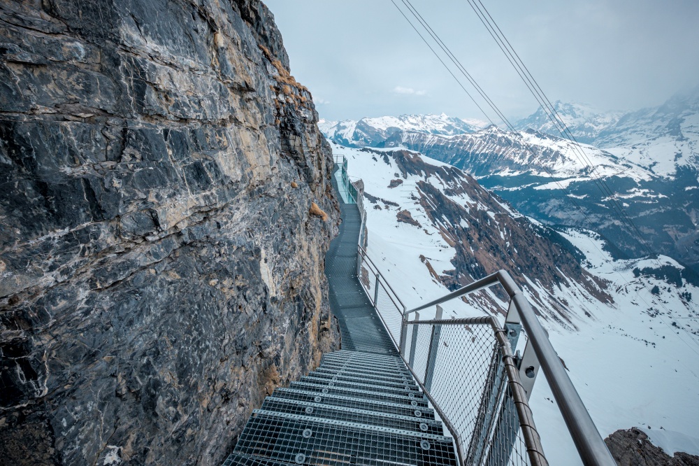 The Thrill Walk, a steel and mirror bridge at the Schilthorn summit in the Bernese, Switzerland