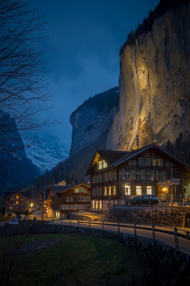 Landscape around Lauterbrunnen village at night, Switzerland
