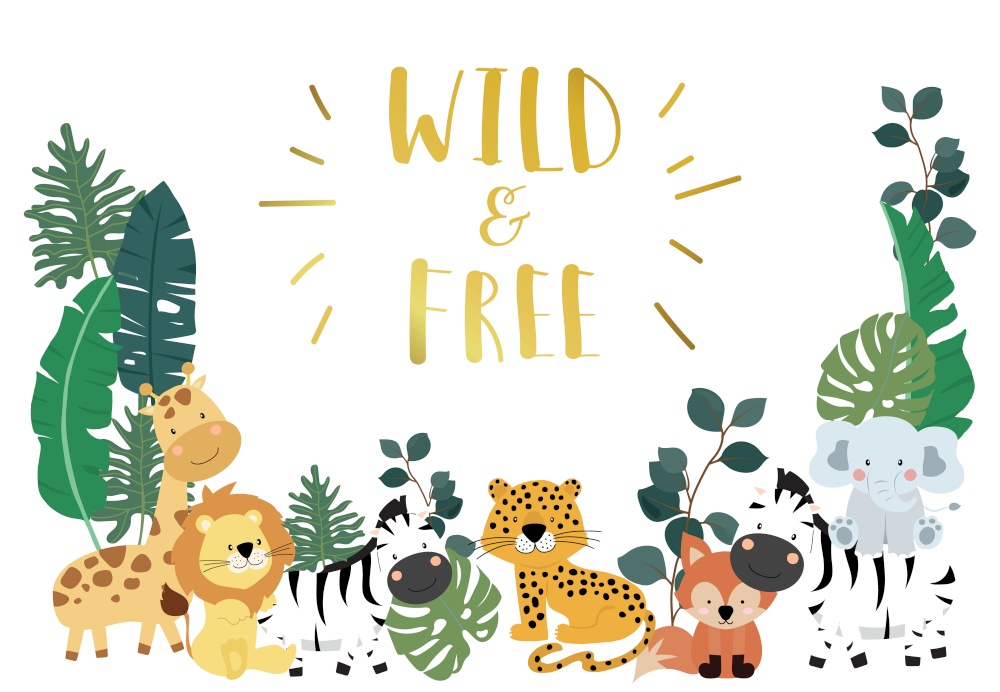 Collection of safari background set with giraffe,zebra,fox,lion.Editable vector illustration for birthday invitation,postcard and sticker.Wording include wild and free